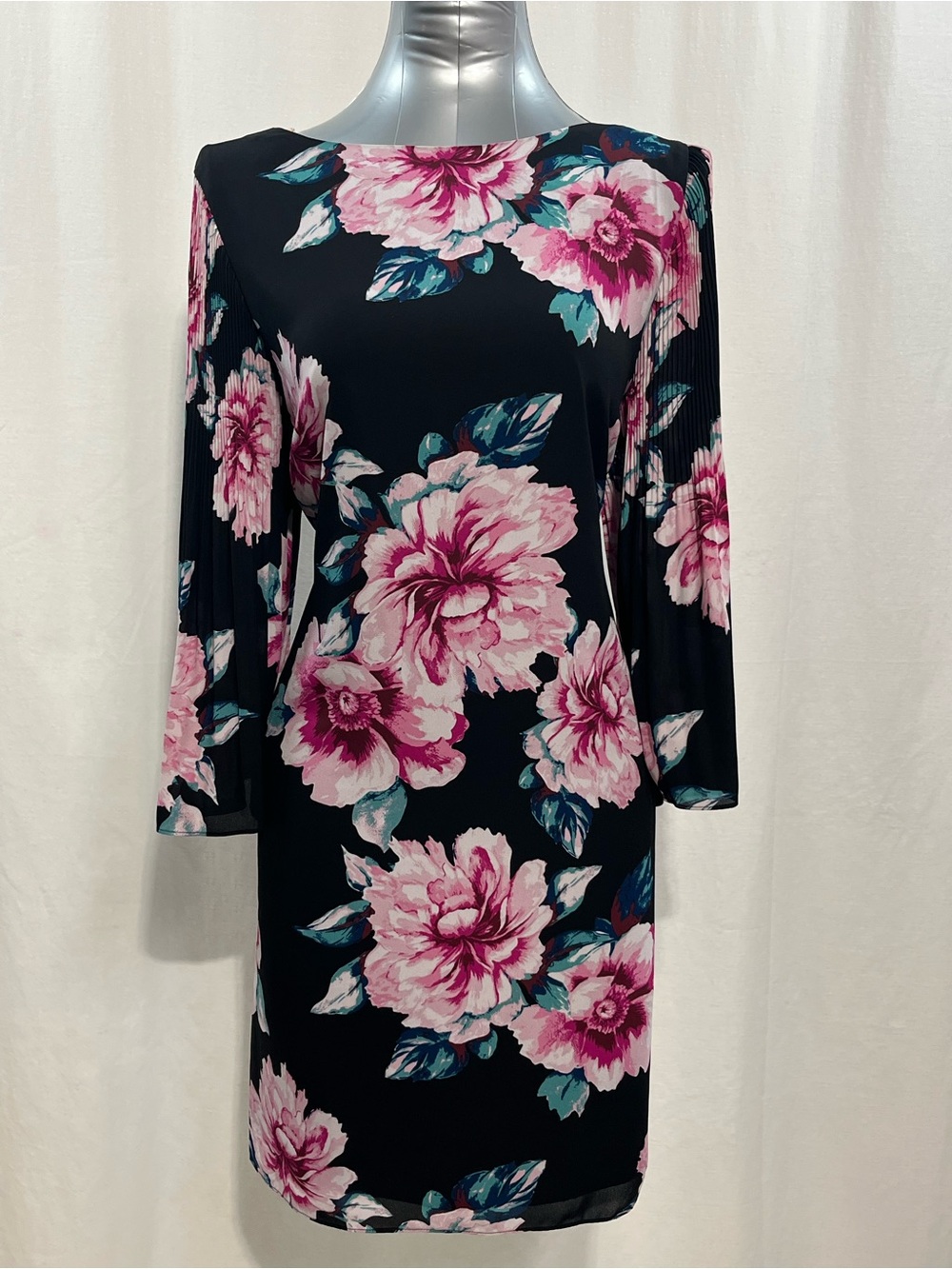 IMNYC Isaac Mizrahi Black Pink Floral Pleated Sleeve Sheath Dress M party 1504
